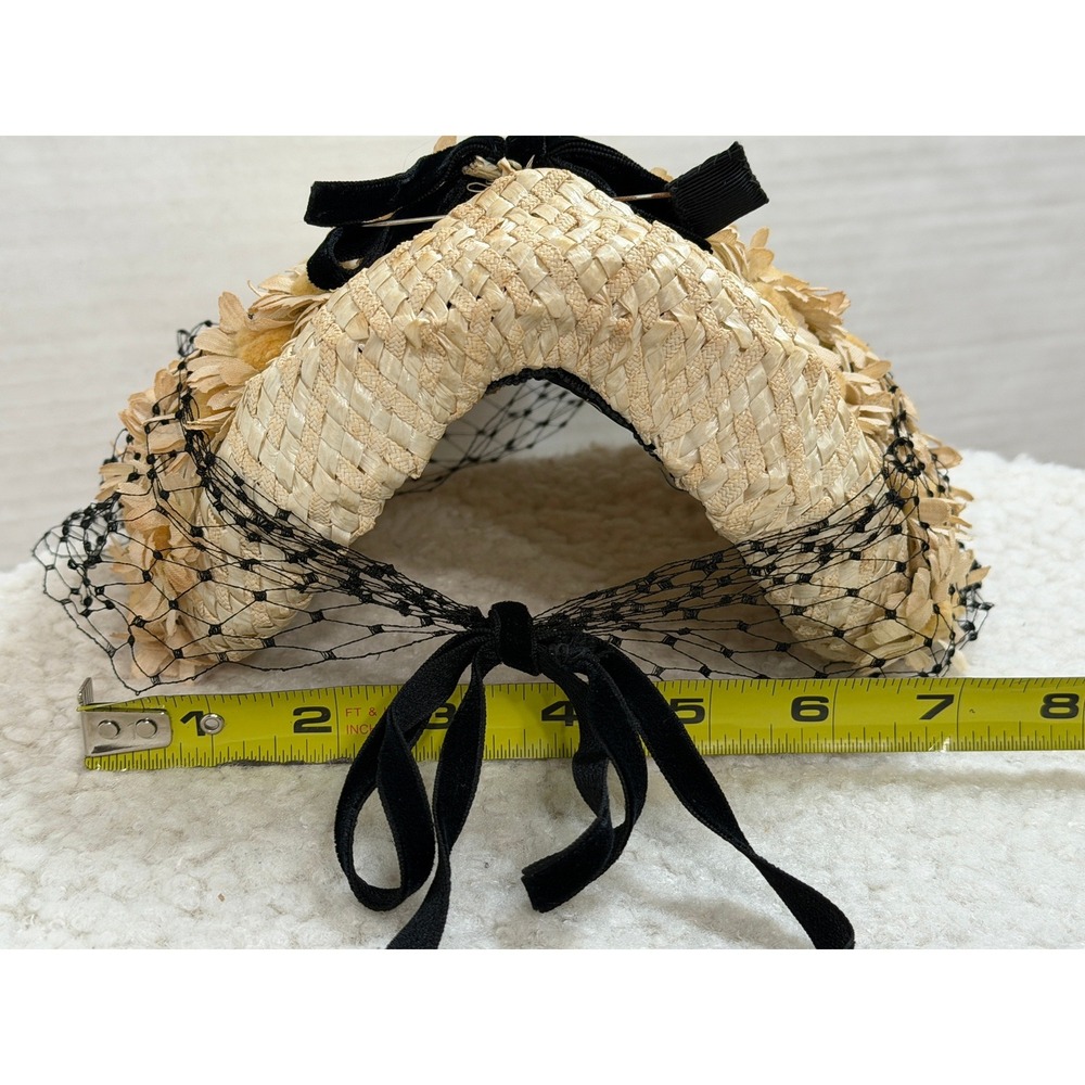 Vintage 1950s Straw Halo Hat Birdcage Veil Floral Trim MCM Cocktail Ransohoffs - Picture 16 of 16